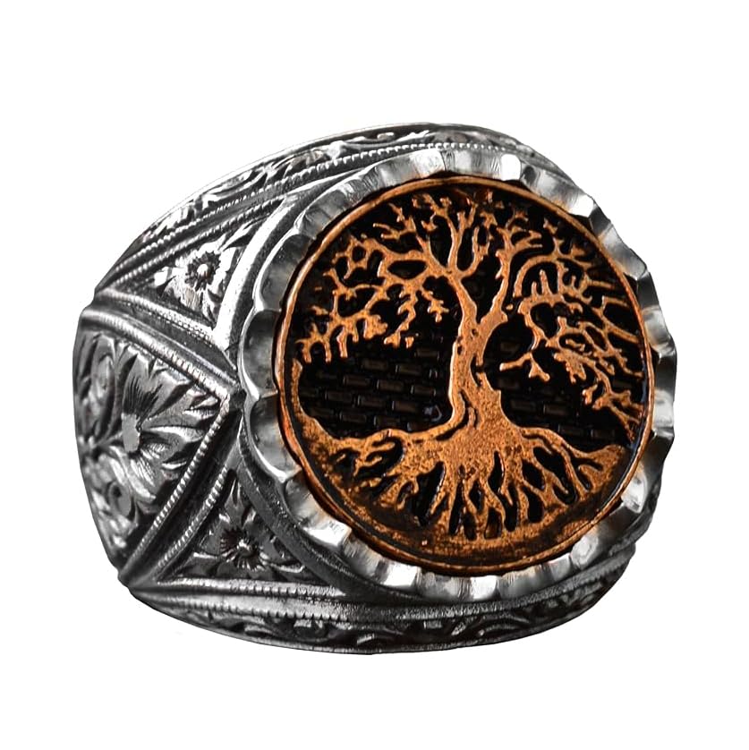 925 Solid Sterling Silver Ring - Round Silver Men's Ring - Signet Rings (Tree of Life)
