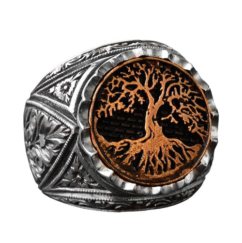 925 Solid Sterling Silver Ring - Round Silver Men's Ring - Signet Rings (Tree of Life)