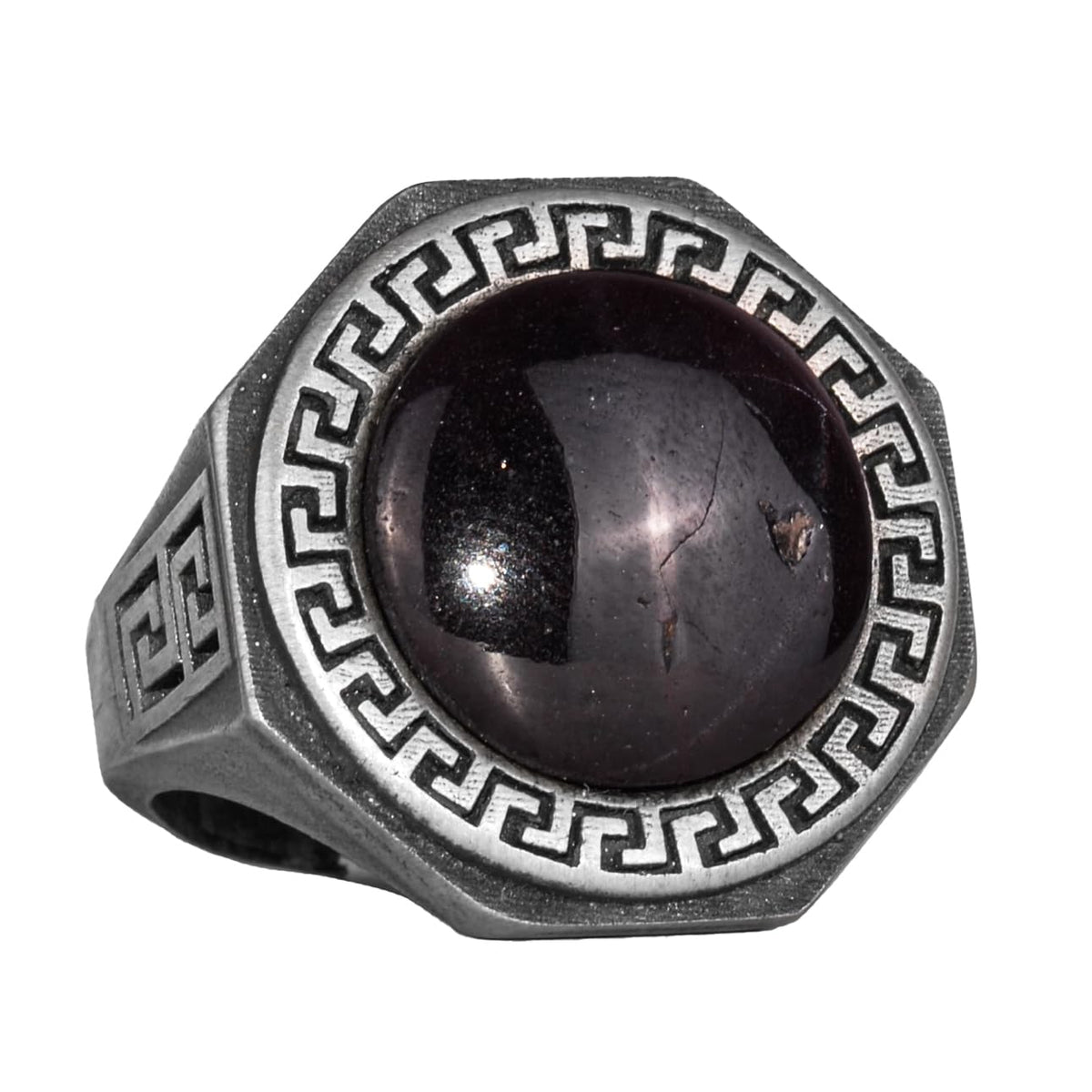 925 Sterling Silver Ring - Natural Star Garnet Stone - Greek Pattern