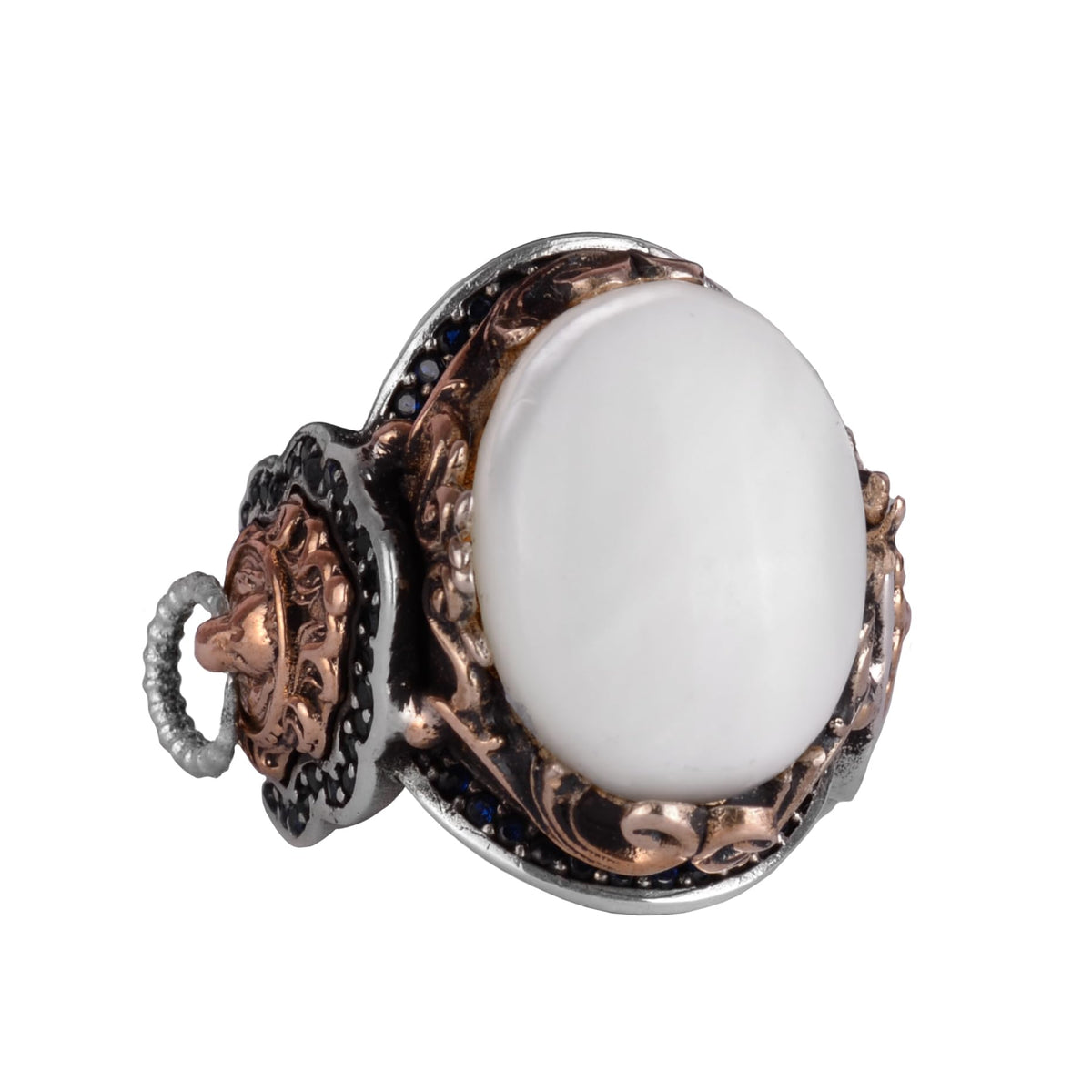 Lion Head Men's Ring, Natural Pearl Stone Ring - 925 Sterling Silver Ring