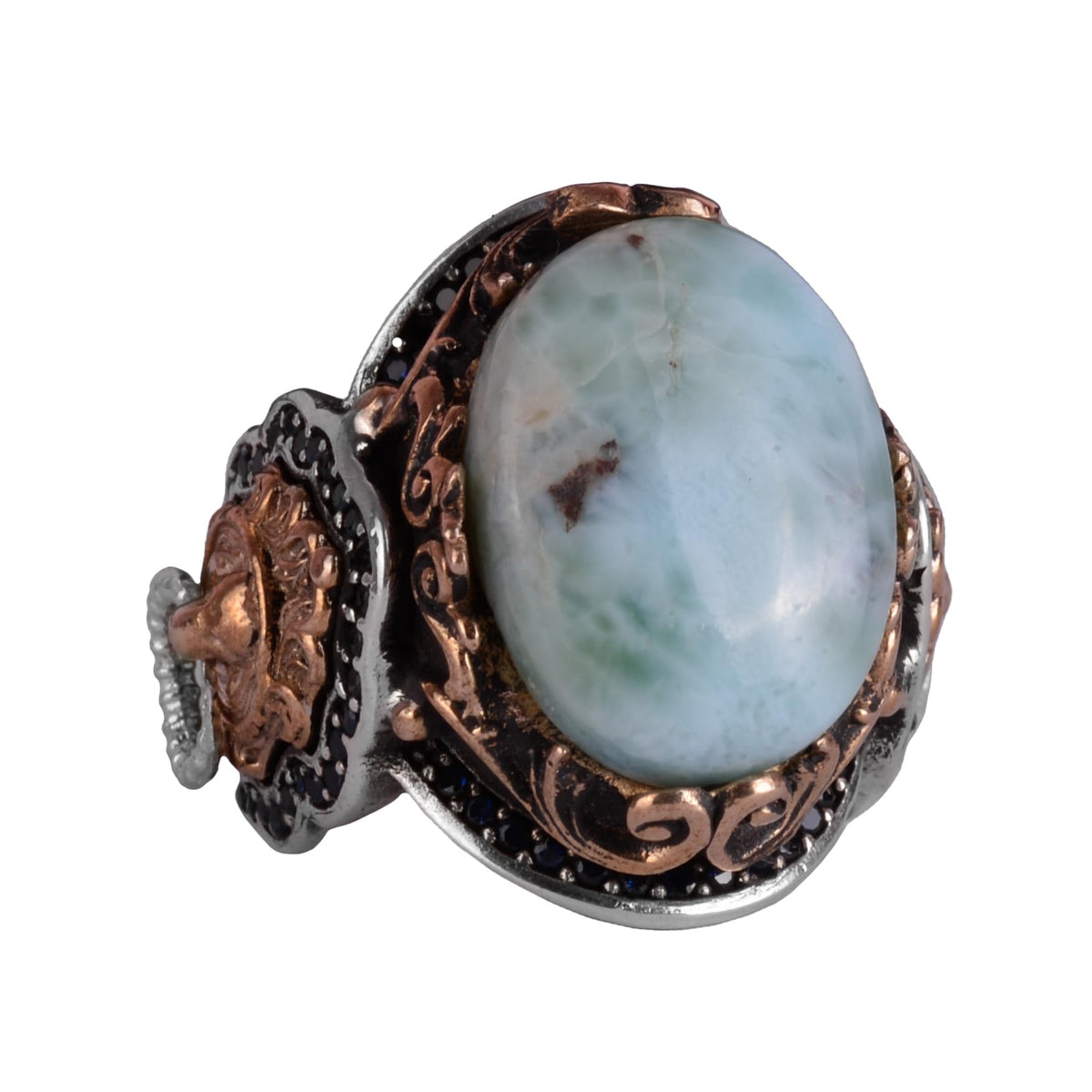 Handmade Lion Symbol Ring - Larimar Stone 925 Sterling Silver Men's Ring