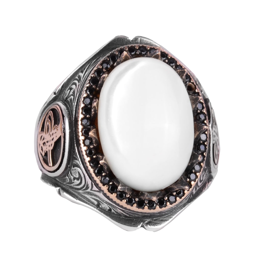 925 Sterling Silver Men's Ring - Natural Mother of Pearl Stone, Handmade Elegance