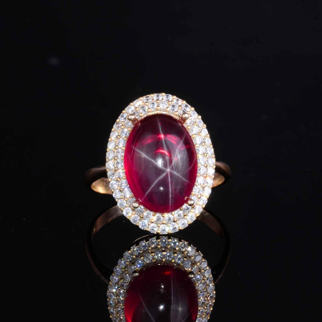 KAMBO 925 Sterling Silver Women's Ring - Oval Natural Stone - Bright Crystal Halo with Gold Plating - Elegant Handmade Jewelry (Star Ruby) — 4