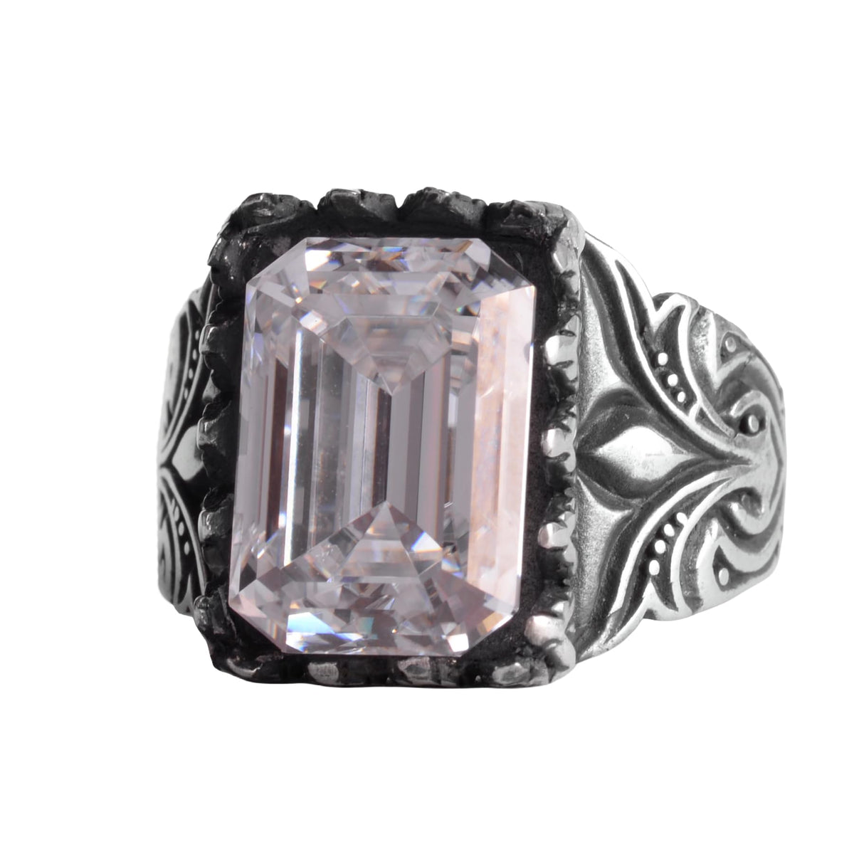 KAMBO Certified Moissanite Men's Ring 925 Sterling Silver – Ottoman Flower Pattern Rectangular Cut Statement Ring