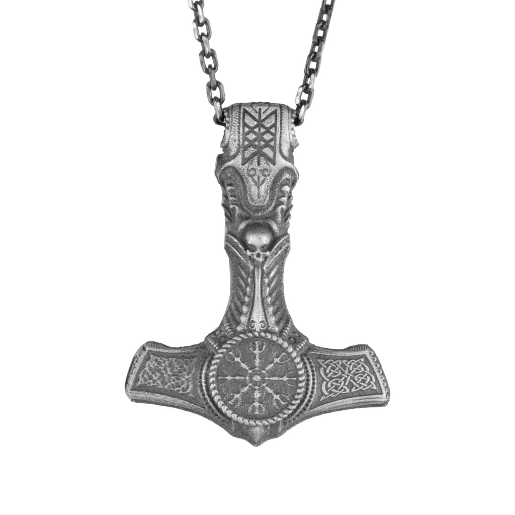 KAMBO 925 Sterling Silver Viking Thor's Hammer Necklace – Vegvisir Compass & Norse Runes – Handmade Men's Necklace