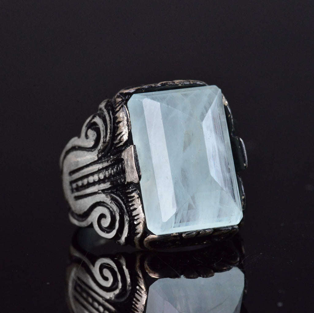 KAMBO Handmade Genuine Natural Aquamarine Gemstone Men's Ring, 925 Sterling Silver, Elegant Vintage Statement Design, Bi