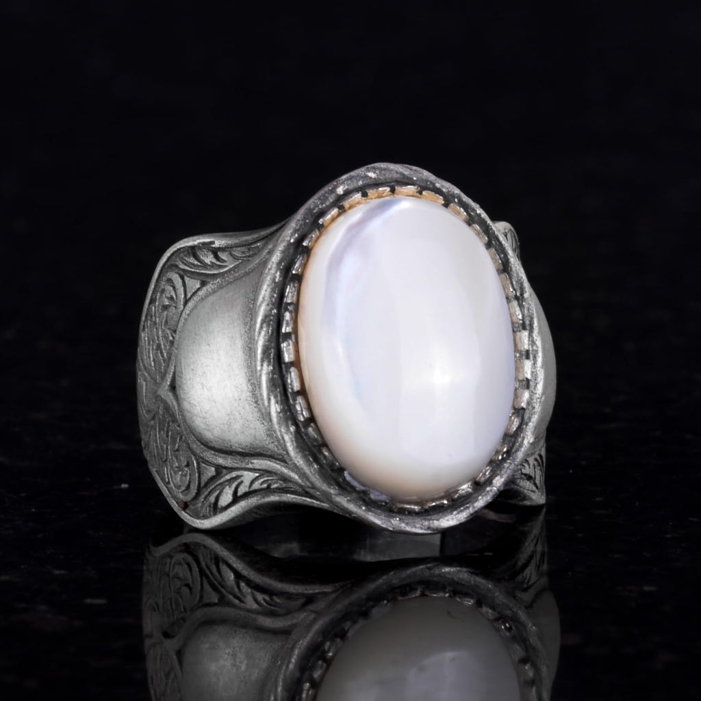 Natural Mother of Pearl Stone Ring, 925 Sterling Silver Men's Ring — 6