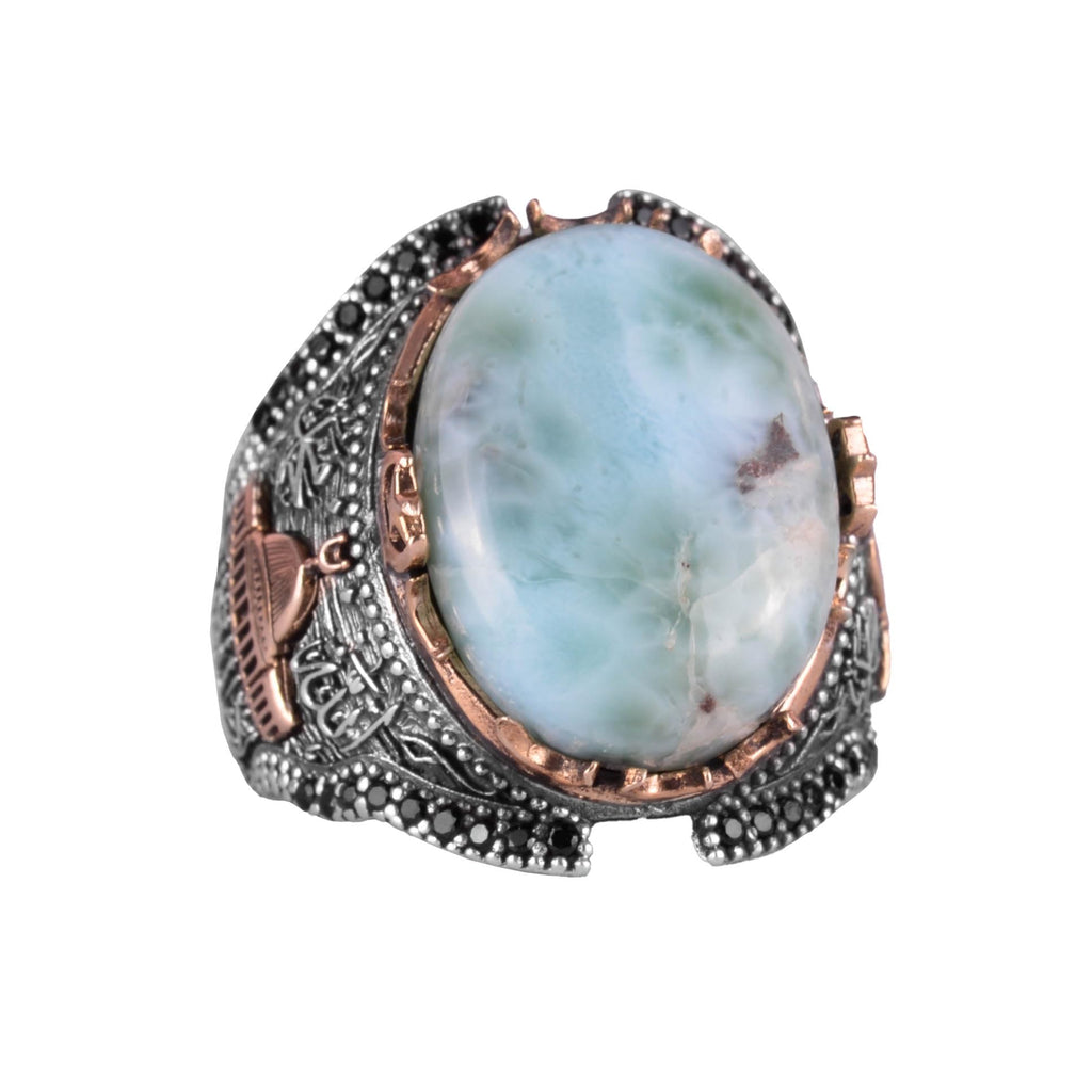 Natural Larimar Stone Ring, 925 Sterling Silver Men's Ring