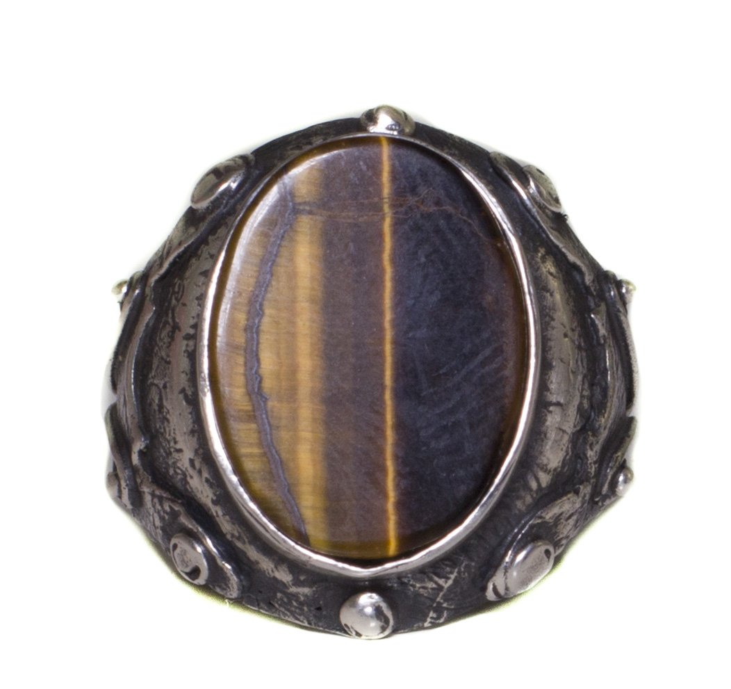 Antique Silver Men's Ring - 925 Sterling Silver Ring with Natural Tiger Eye Stone