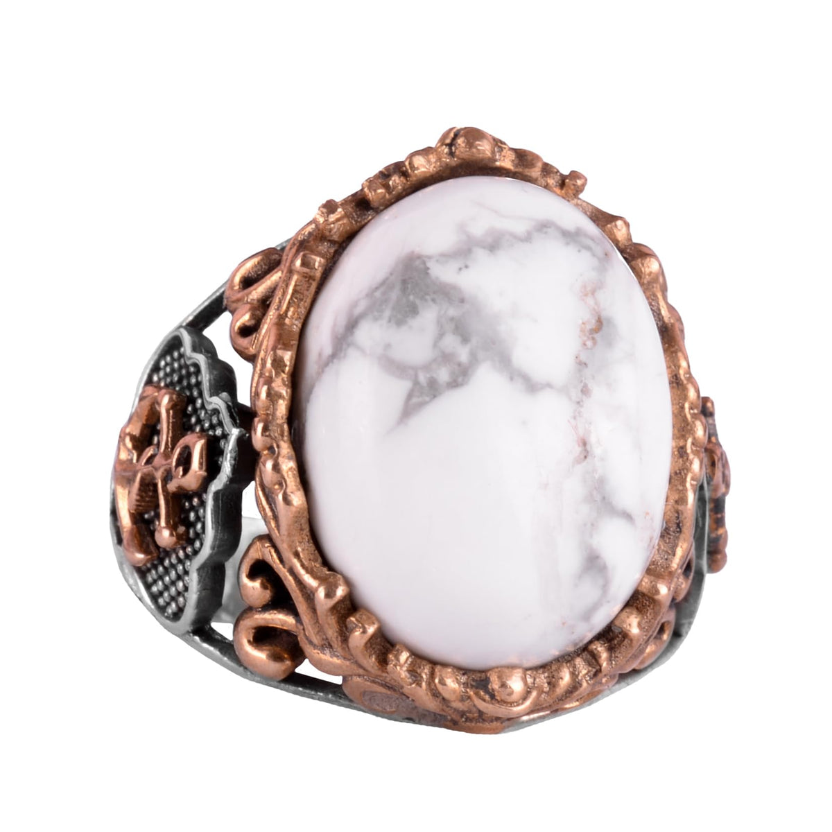 Nautical Anchor Silver Ring, Natural Stone Ring, 925 Sterling Silver Ring (Howlite)