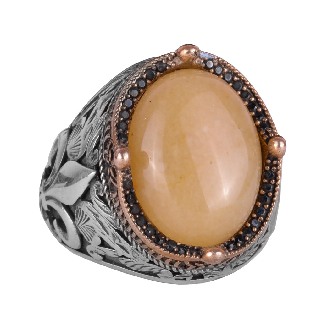 Kambo Handcrafted Men's Ring in 925K Silver - Available with Various Natural Gemstones (Yellow Agate)
