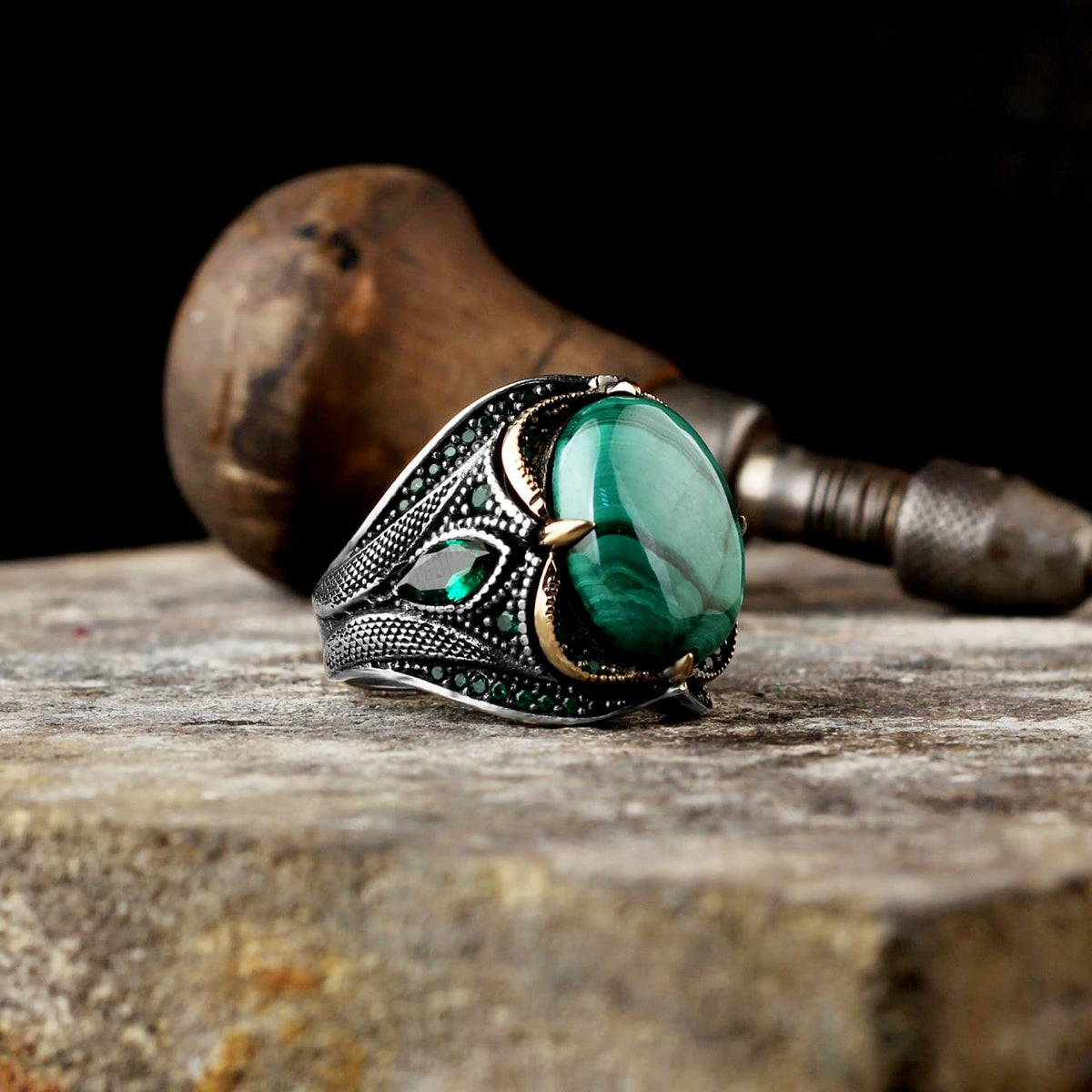 Natural Malachite Stone Ring - 925 Sterling Silver Men's Ring (Model-2) — 5