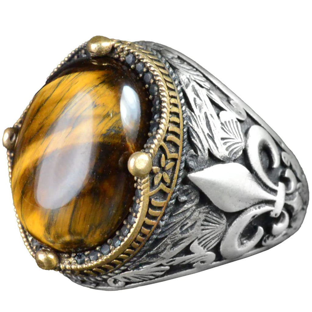 Lily Patterned Silver Ring - 925 Sterling Silver Handmade Men's Jewelry (Tiger Eye)