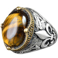 Lily Patterned Silver Ring - 925 Sterling Silver Handmade Men's Jewelry (Tiger Eye)