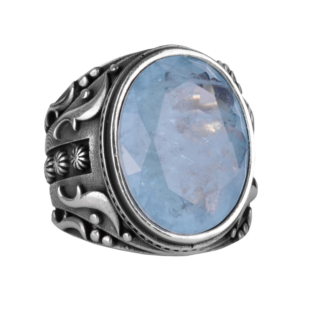 KAMBO Created Stone Ring, 925 Sterling Silver Ring, Designer Silver Men's Ring (Light Blue Paraiba Arranged Stone)