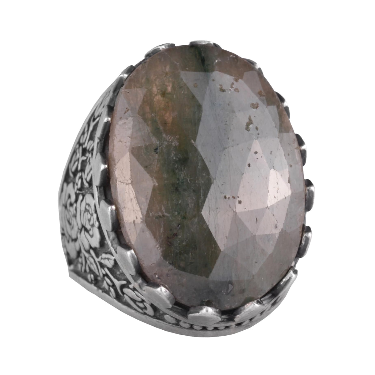 Natural Emerald Stone Ring - Handmade 925 Sterling Silver Rose Pattern Ring