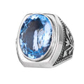 KAMBO Certified Natural Blue Topaz Stone Men's Ring 925 Sterling Silver Handmade Large Oval Stone Statement Ring