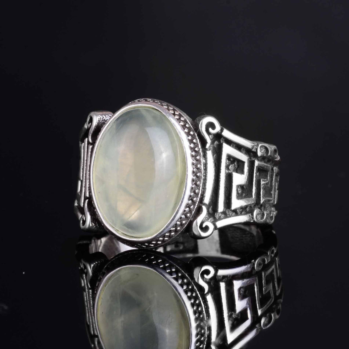 KAMBO 925 Sterling Silver Natural Stone Men's Ring – Labyrinth Pattern Handmade Vintage Statement Ring (Prehnite) — 5