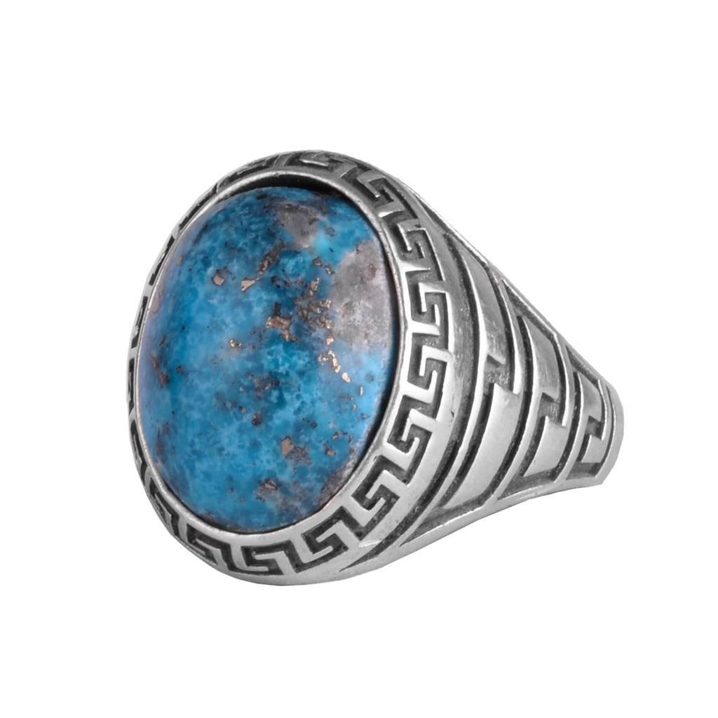 KAMBO Men's Natural Turquoise Stone Ring – 925 Sterling Silver Ring with Maze Side Designs – Handmade Minimalist Descriptive Jewelry (Style-4)