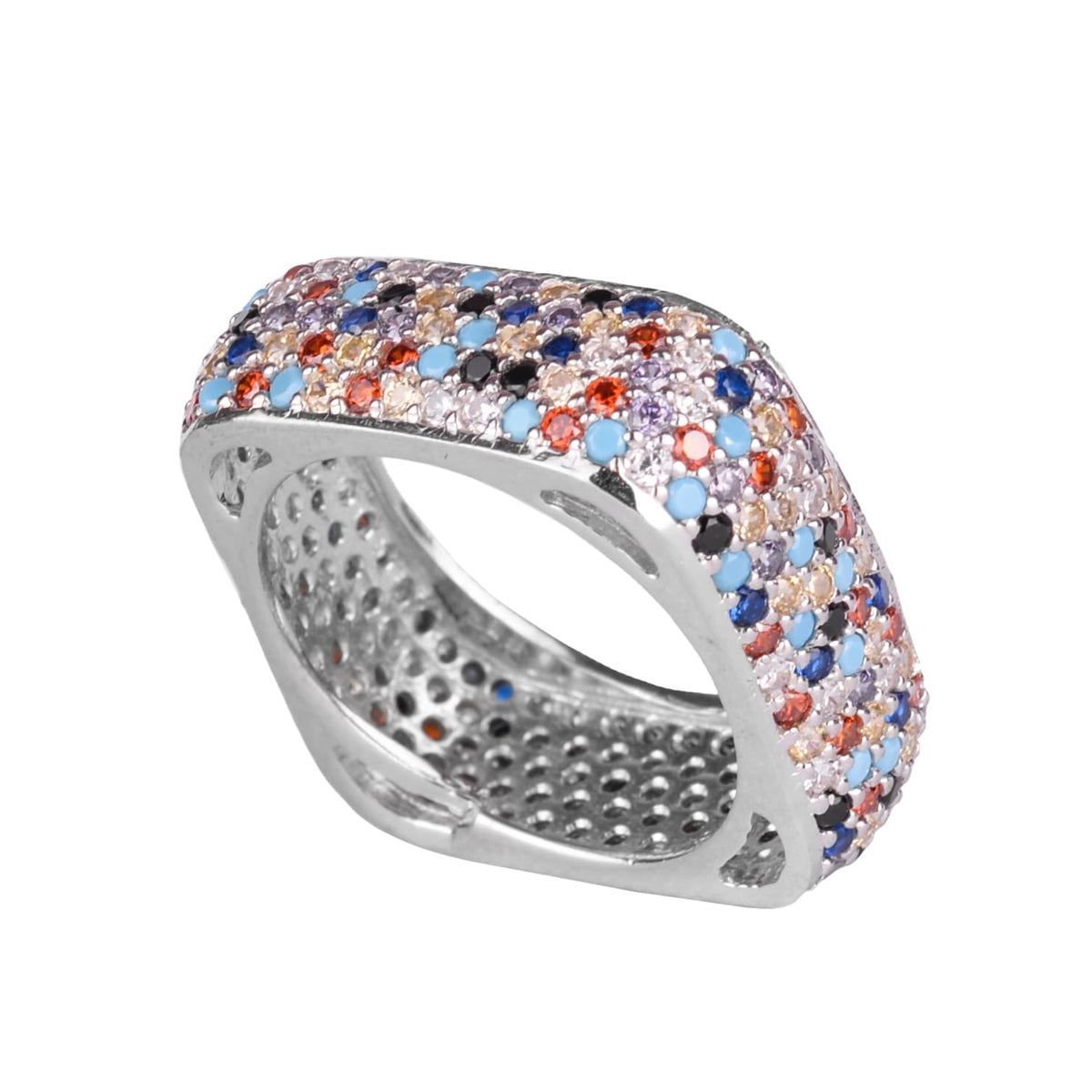 KAMBO 925 Sterling Silver Women's Wide Infinity Band – Rose Gold Plated Multicolored Zircon Ring – Bold Anniversary Jewelry