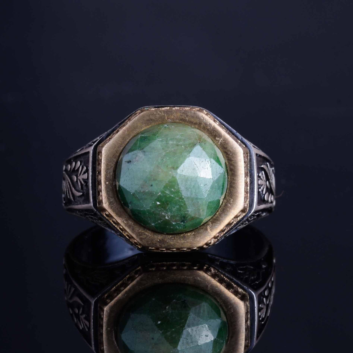 KAMBO 925 Sterling Silver Men's Natural Stone Ring – Flower Motif Octagonal Frame – Handmade Bold Statement Jewelry (Emerald) — 4