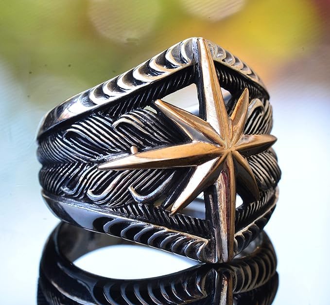 KAMBO Handmade 925 Sterling Silver Compass Signet Ring for Men, Modern Vintage Style Statement Jewelry, Customizable Com