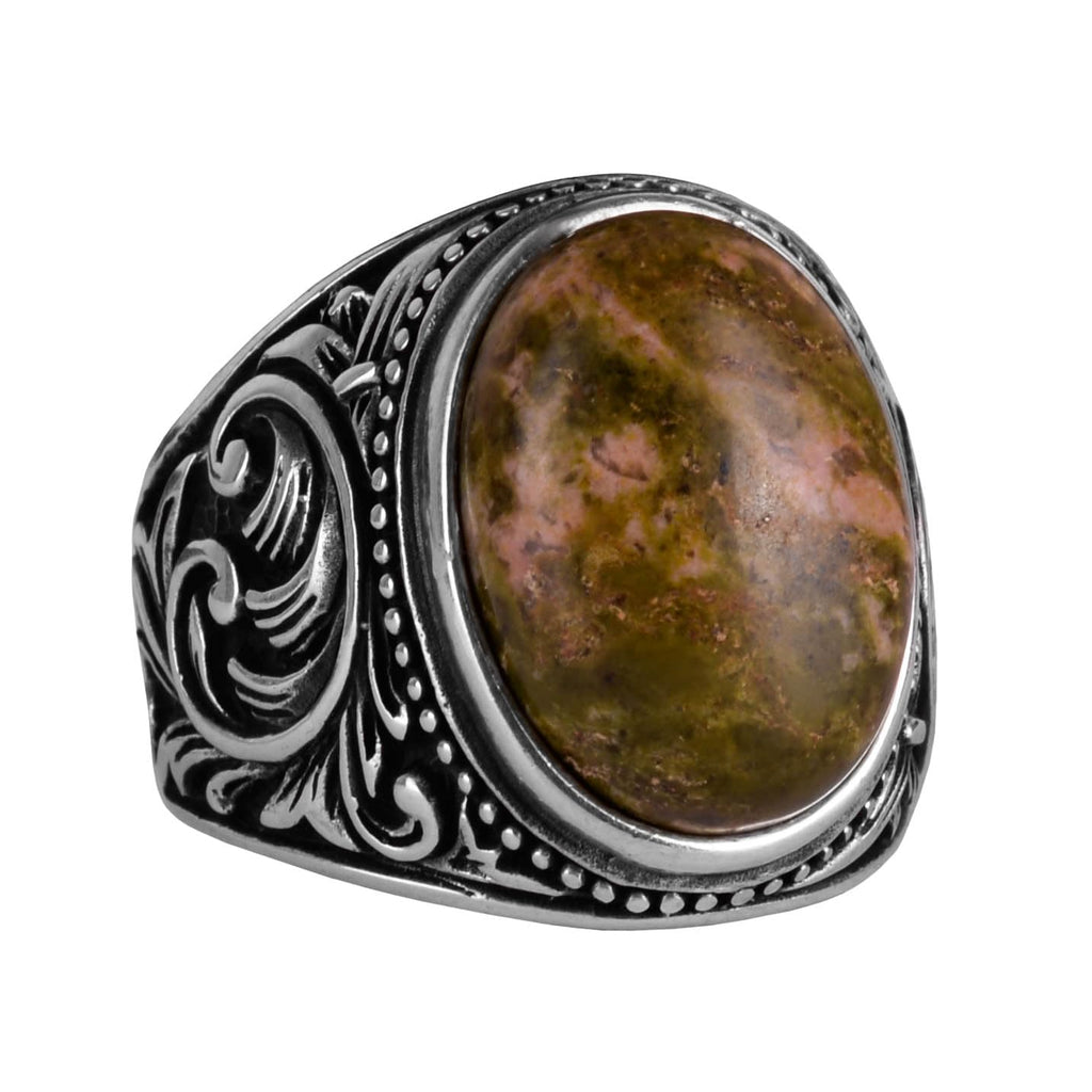 Unakite Stone Ring - 925 Sterling Silver Men's Ring
