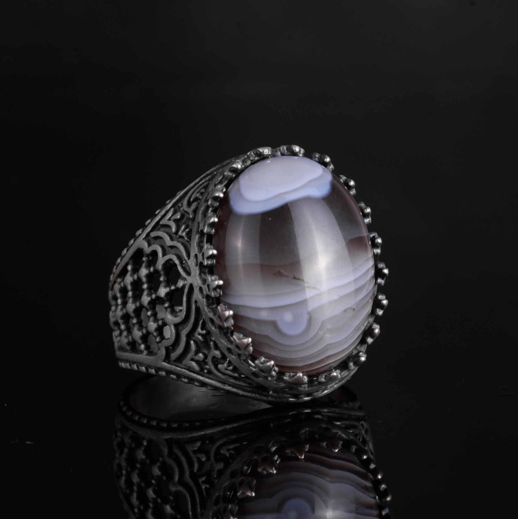 KAMBO Men's Natural Agate Stone Ring – 925 Sterling Silver Handmade Oval Islamic Design – Unique Vintage Men's Jewelry (Style-2) — 6