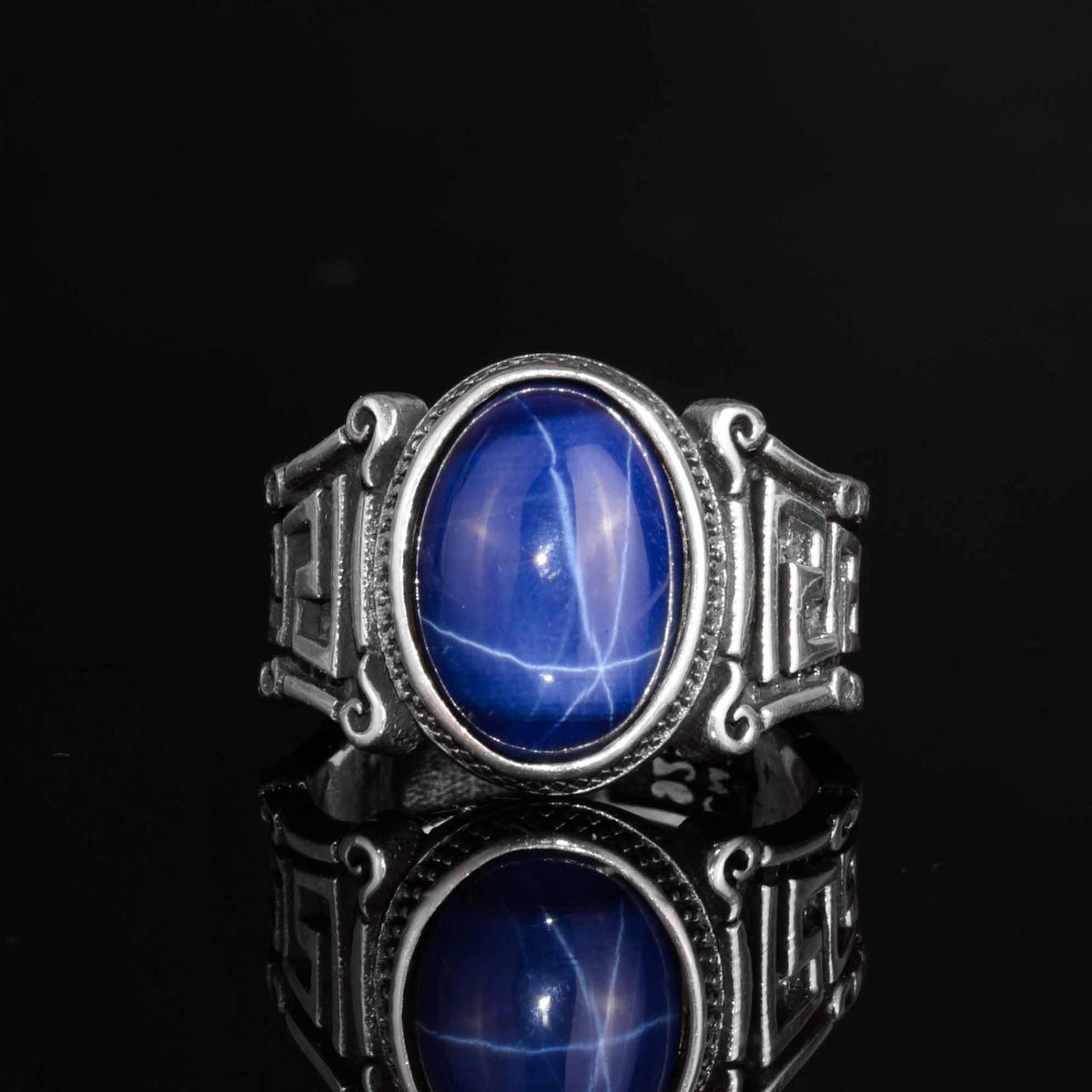 KAMBO 925 Sterling Silver Natural Stone Men's Ring – Labyrinth Pattern Handmade Vintage Statement Ring (Star Sapphire) — 4
