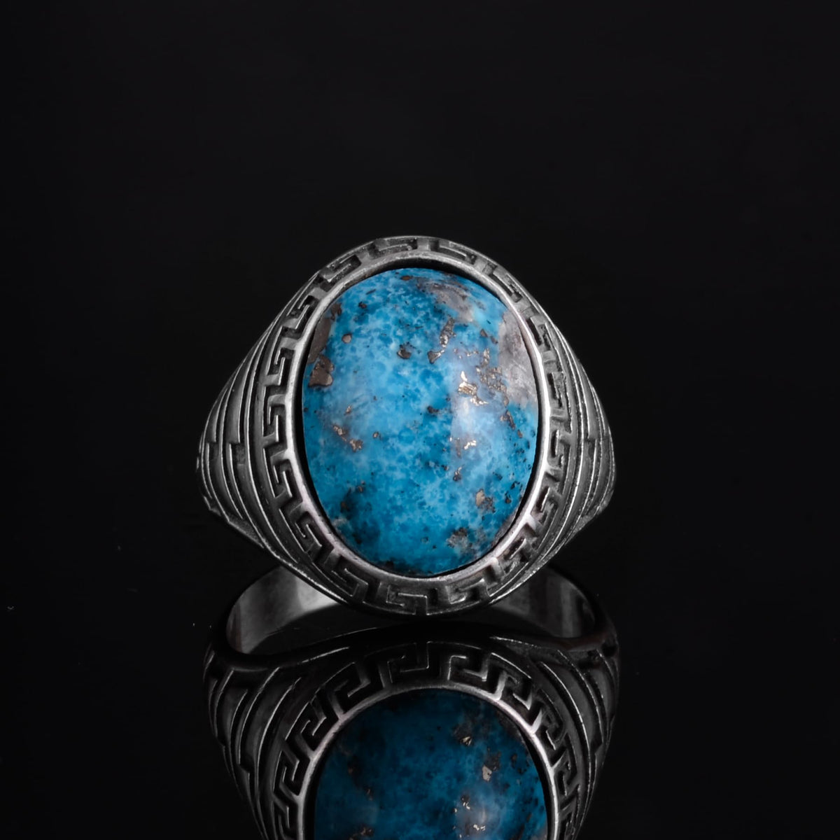 KAMBO Men's Natural Turquoise Stone Ring – 925 Sterling Silver Ring with Maze Side Designs – Handmade Minimalist Descriptive Jewelry (Style-4) — 4