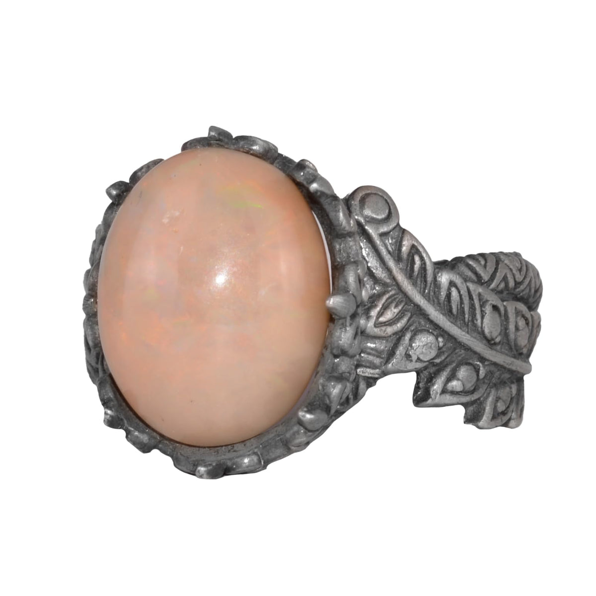 Handmade 925 Sterling Silver Men's Ring Natural Opal Stone - Leaf Pattern Ring