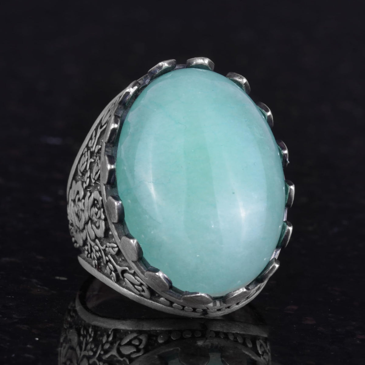 Natural Stone Ring - Rose Pattern Ring - 925 Sterling Silver - Handmade Large Ring — 6
