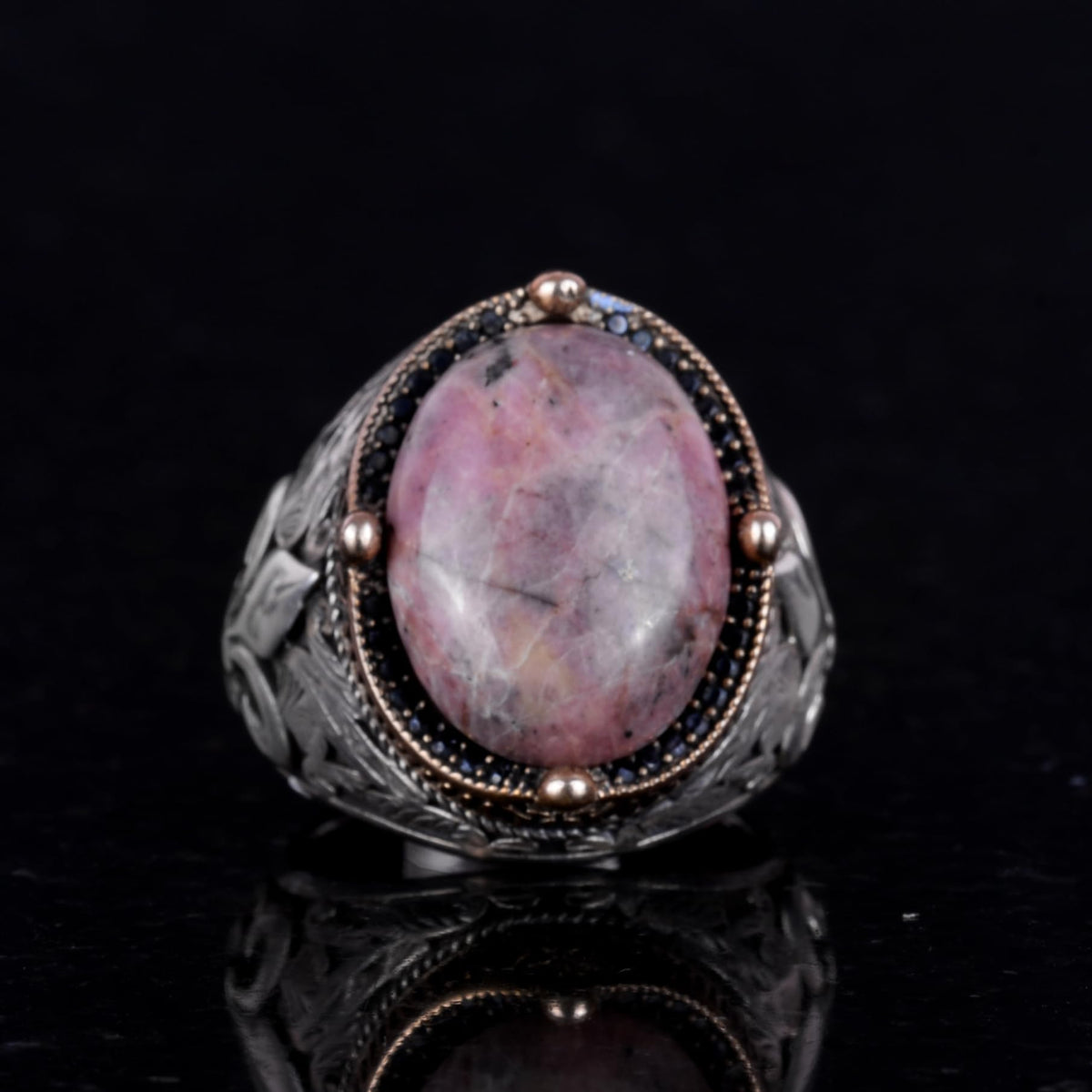 925K Silver Handmade Men's Ring - Available with Various Natural Stones (Rhodonite) — 2