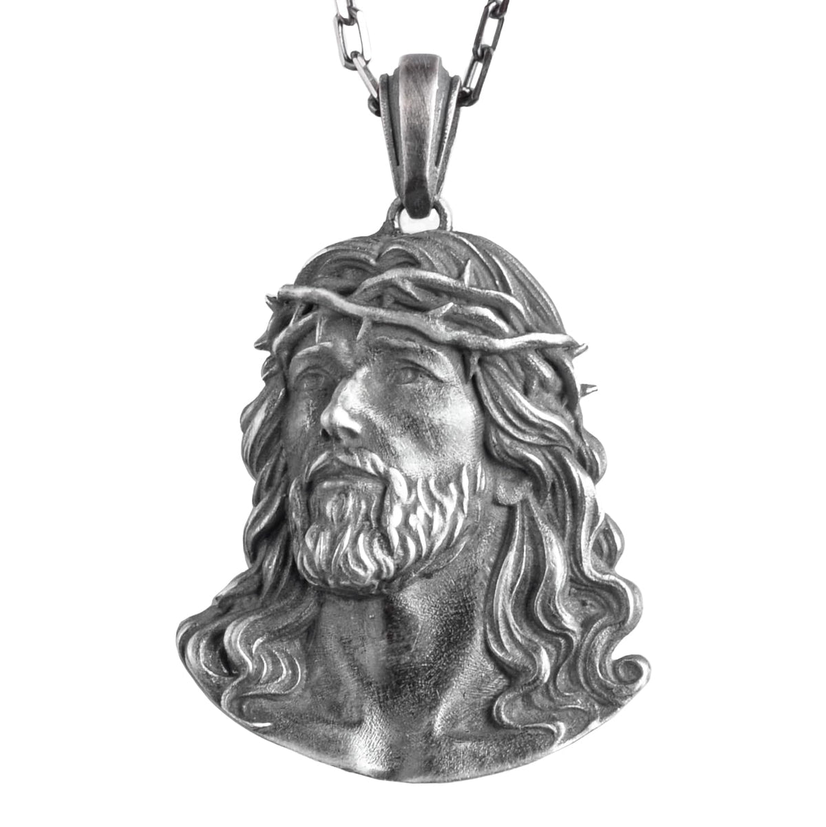 KAMBO Men's 925 Sterling Silver Jesus Christ Necklace – Cable Chain Thorn Crown Religious Jewelry (Silver)