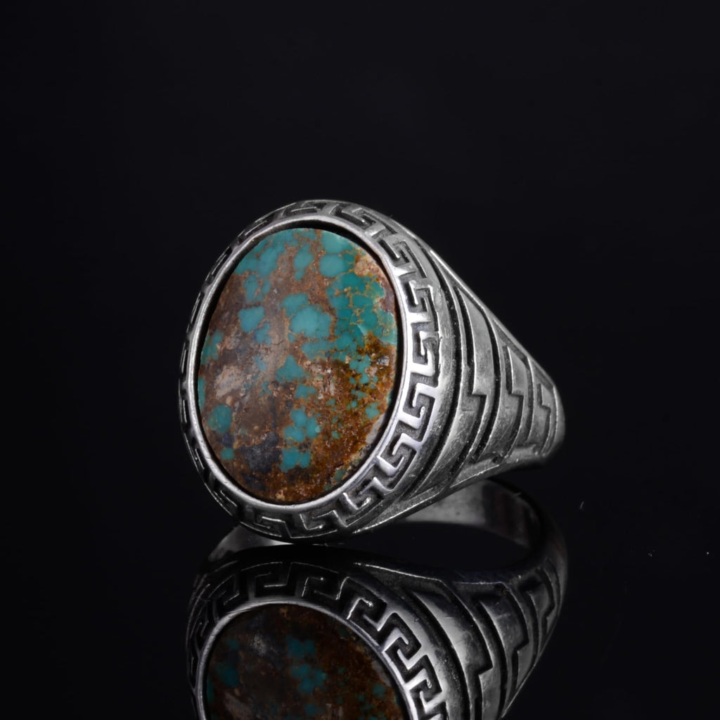 KAMBO Men's Natural Turquoise Stone Ring – 925 Sterling Silver Ring with Maze Side Designs – Handmade Minimalist Descriptive Jewelry (Style-10) — 5