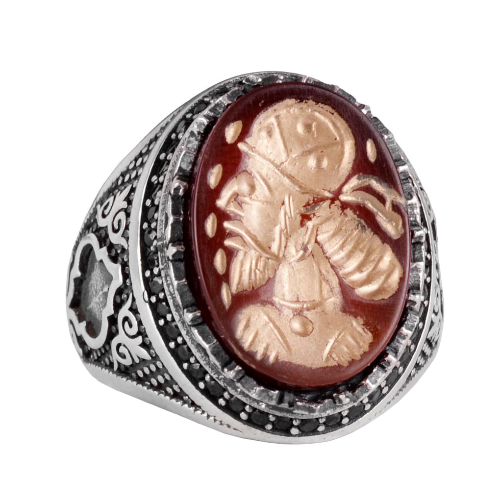 Natural Agate Stone Shaman Ring - Silver Jewelry - Carved Stone Ring - 925 Sterling Silver Men's Ring