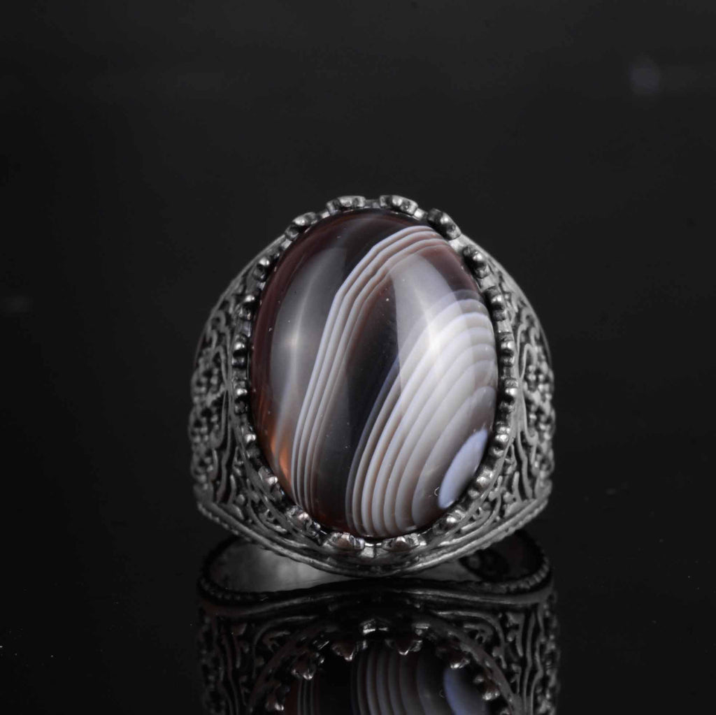 KAMBO Men's Natural Agate Stone Ring – 925 Sterling Silver Handmade Oval Islamic Design – Unique Vintage Men's Jewelry (Style-1) — 4