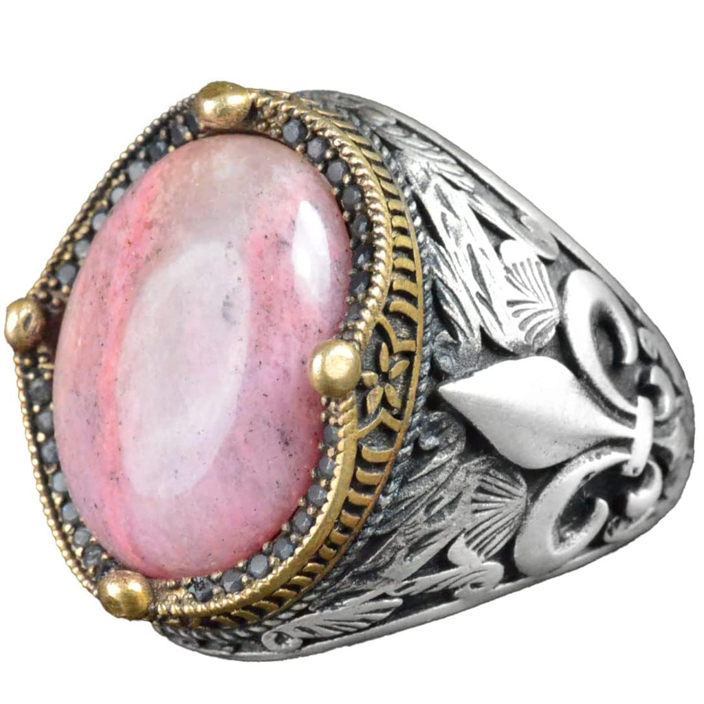 Lily Patterned Silver Ring - 925 Sterling Silver Handmade Men's Jewelry (Rhodonite)