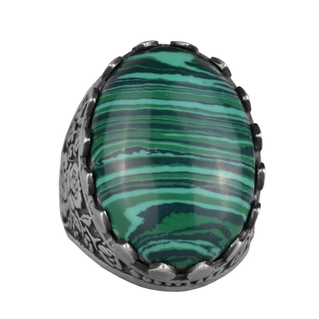 Natural Malachite Stone Ring - Rose Pattern Ring - 925 Sterling Silver Ring - Handmade Large Ring