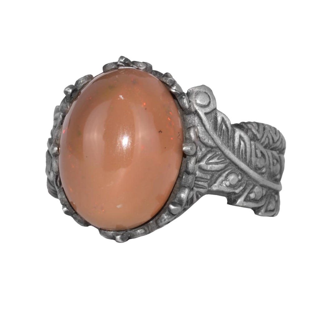 Handmade 925 Sterling Silver Men's Ring Natural Opal Stone - Leaf Pattern