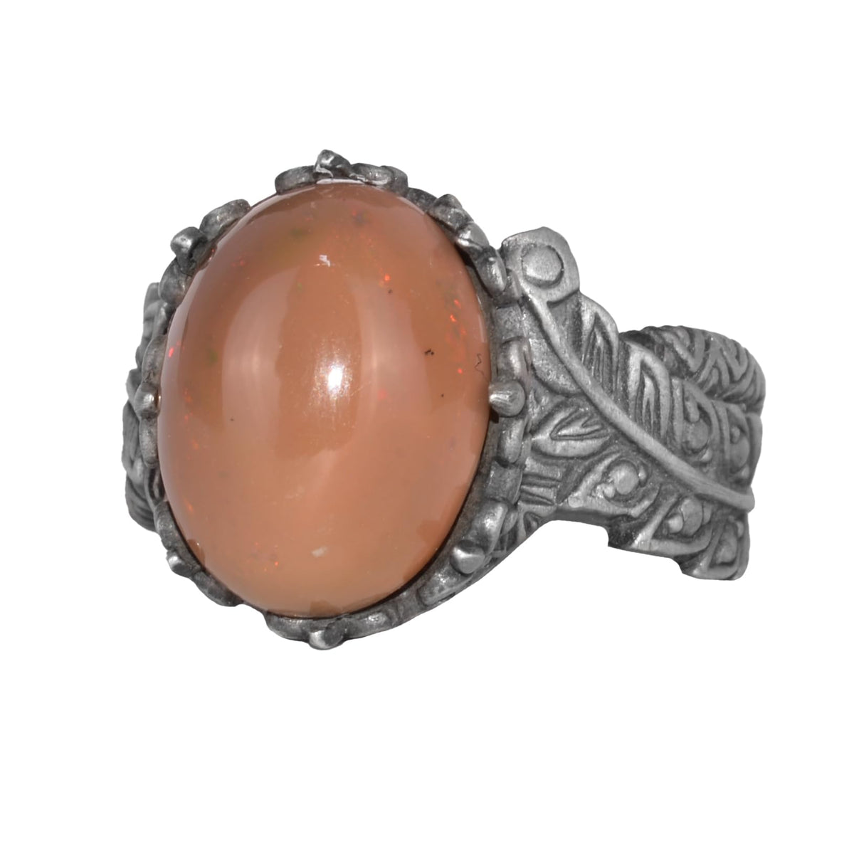 Handmade 925 Sterling Silver Men's Ring Natural Opal Stone - Leaf Pattern
