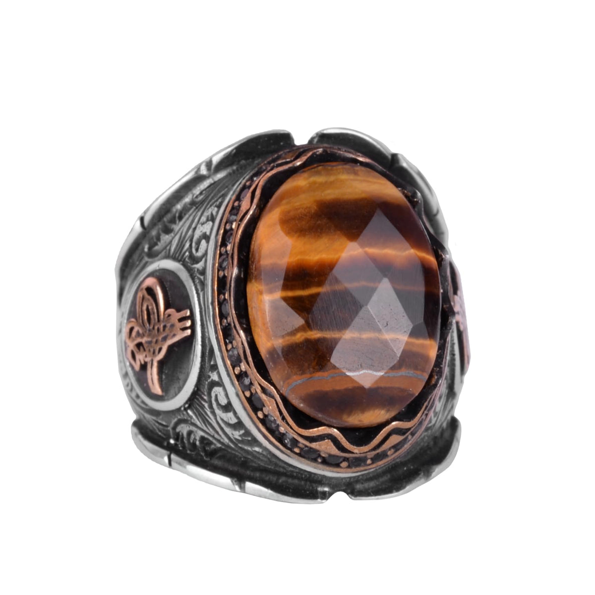 Ottoman Tugra Silver Ring, Natural Stone Ring, 925 Sterling Silver Men's Ring (Tiger Eye)