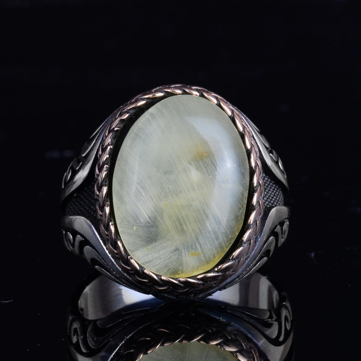 KAMBO Men's Natural Baltic Amber Stone Ring – 925 Sterling Silver Handmade Statement Ring – Authentic Amber Jewelry with Ottoman Style Details (Style-3) — 4