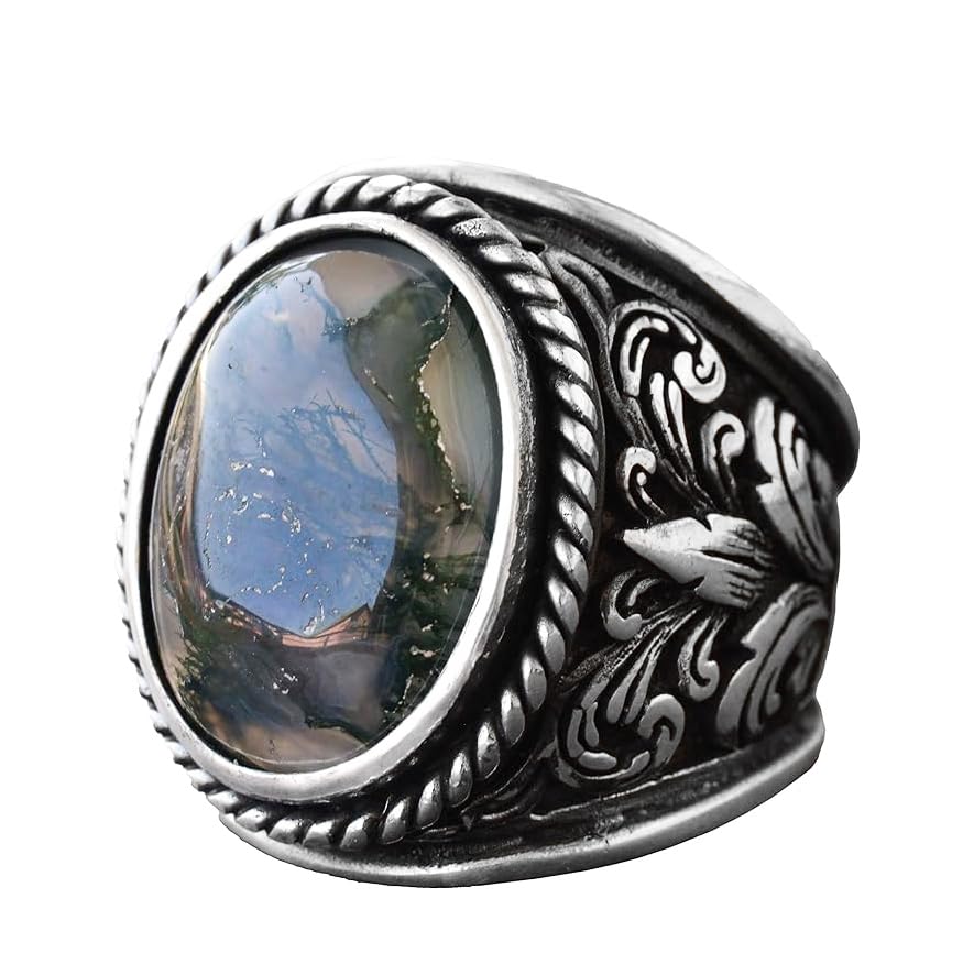 925 Sterling Silver Ring - Natural Agate Stone (Moss Agate)