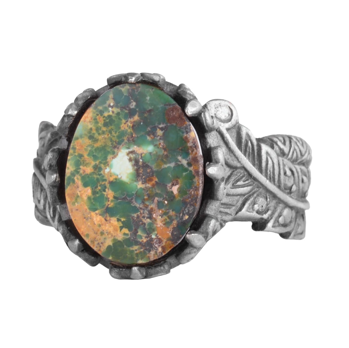 KAMBO Antique Design Green Turquoise Stone Ring - Handmade 925 Sterling Silver Men's Statement Ring (Style-2)