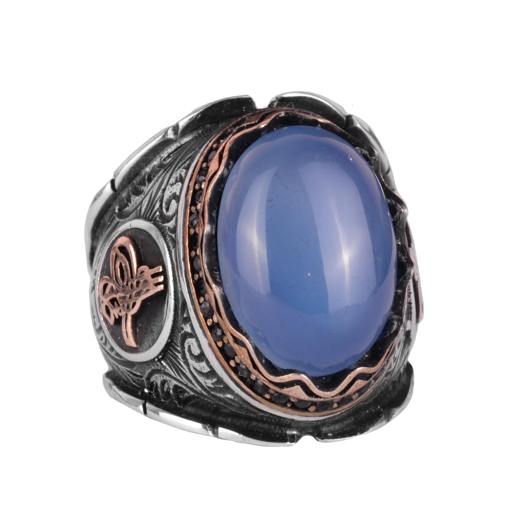 925 Sterling Silver Men's Ring, Pearl Stone Ottoman Tughra Ring