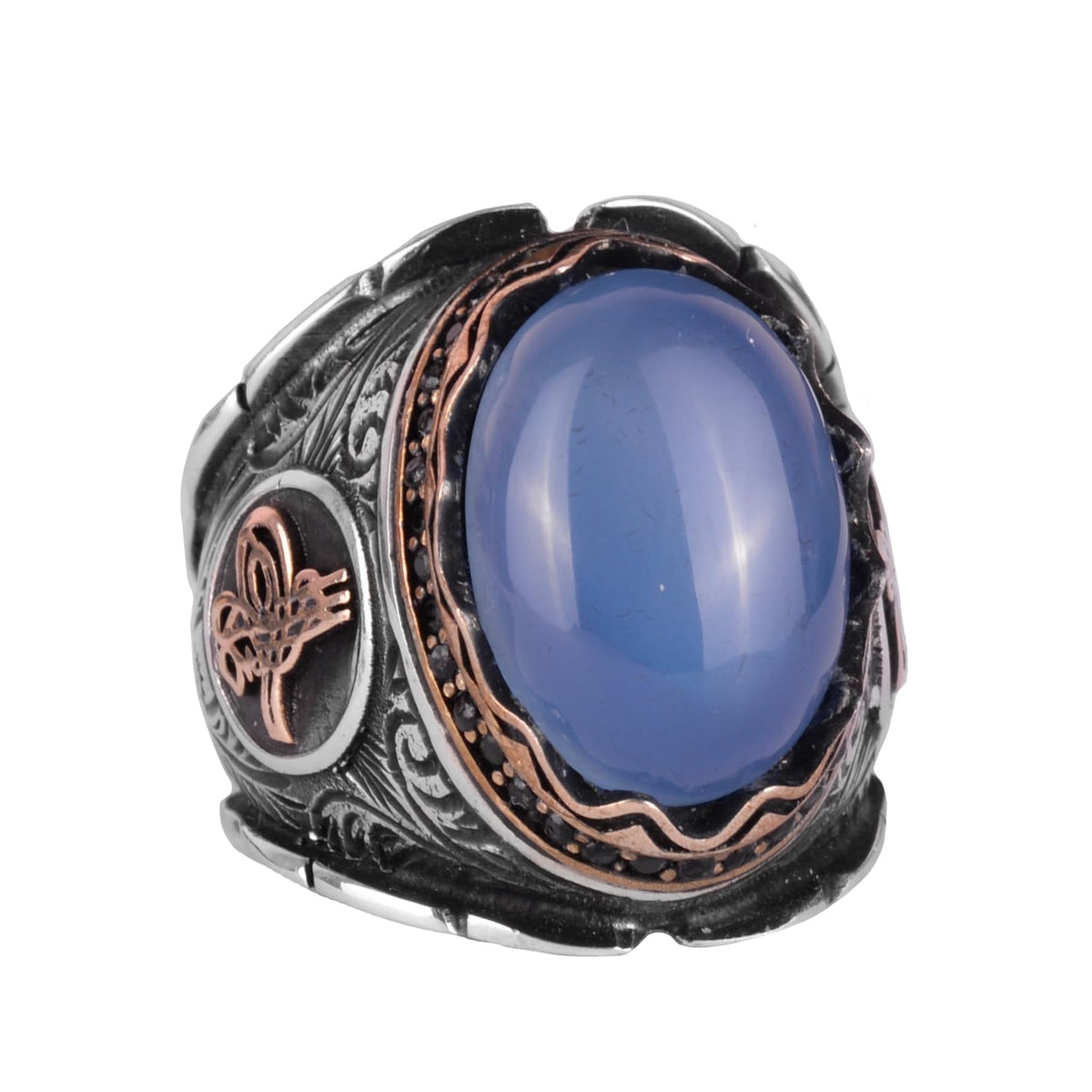 925 Sterling Silver Men's Ring, Pearl Stone Ottoman Tughra Ring
