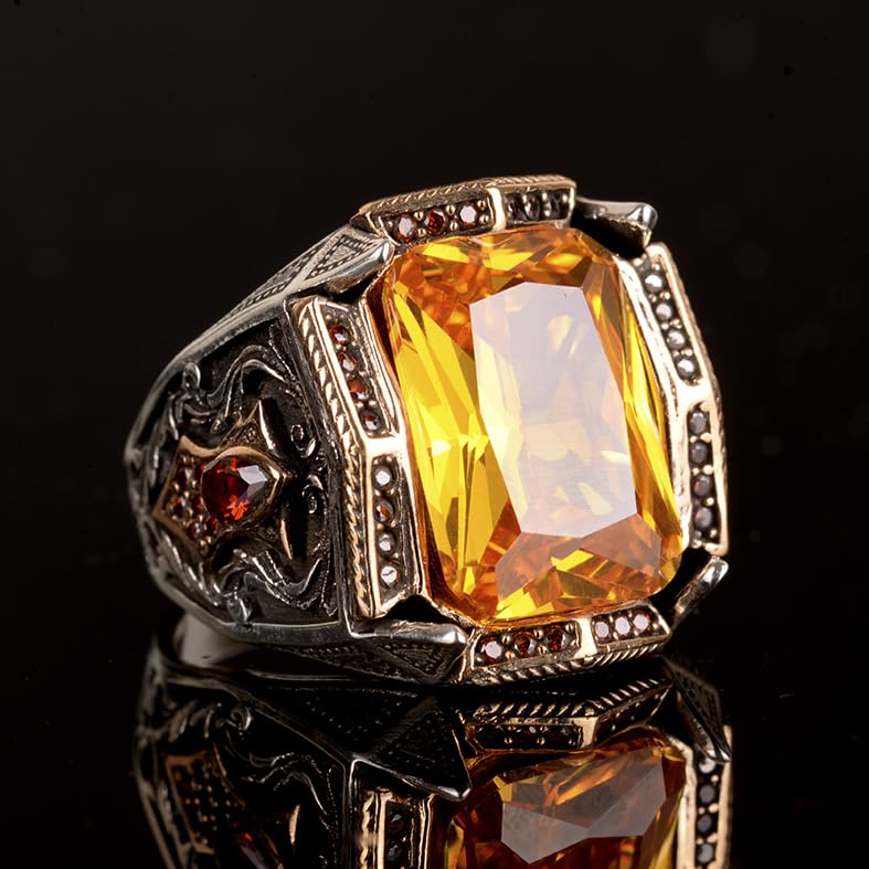 925 Sterling Silver Men's Ring, Ring with Artificial Citrine Stone — 2