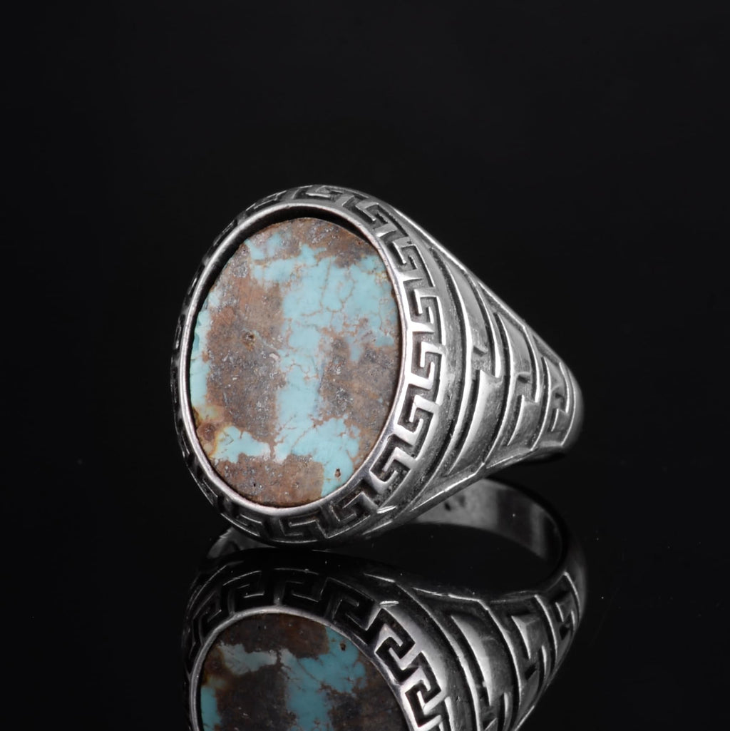 KAMBO Men's Natural Turquoise Stone Ring – 925 Sterling Silver Ring with Maze Side Designs – Handmade Minimalist Descriptive Jewelry (Style-8) — 5