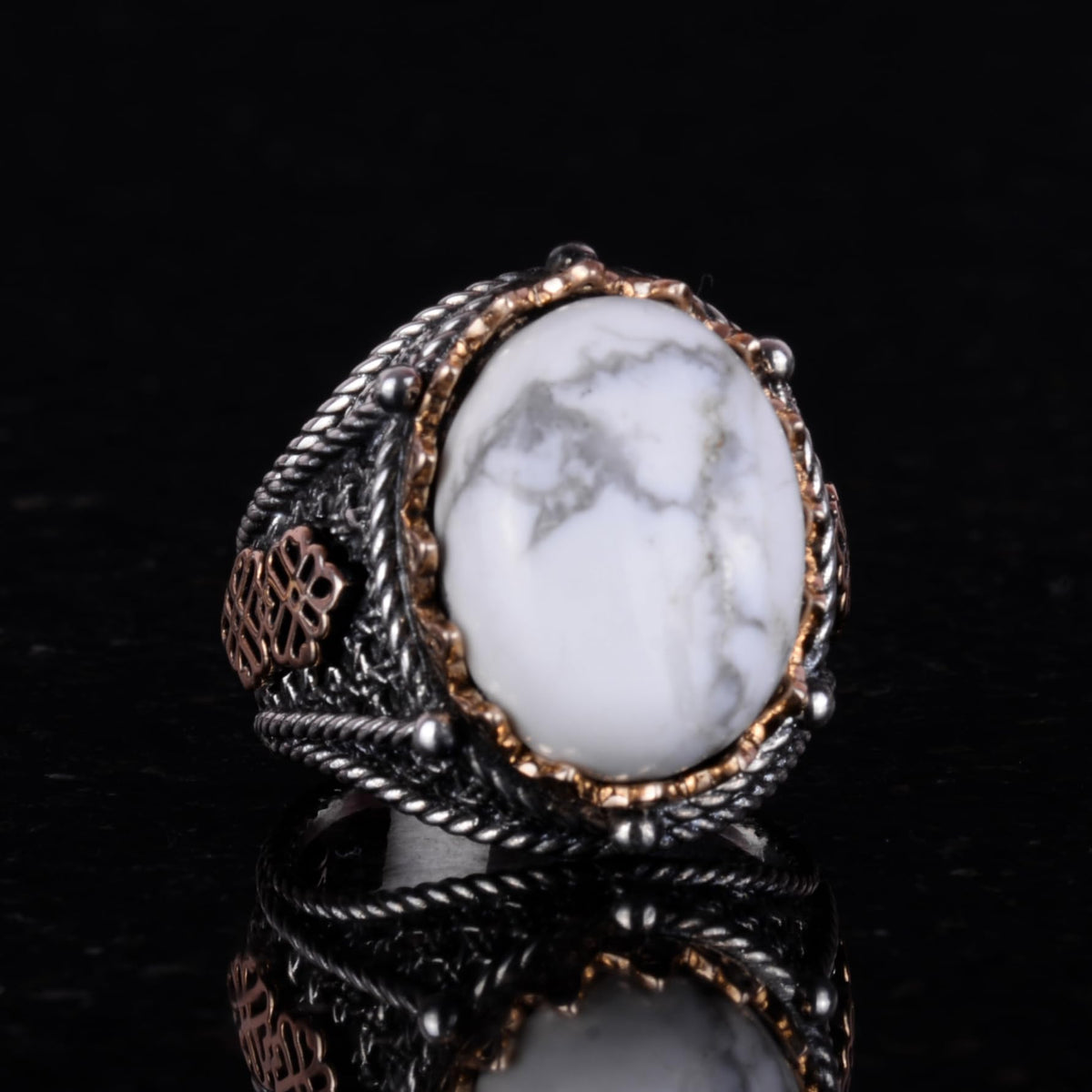 Natural Howlite Stone Ring, 925 Sterling Silver Men's Ring — 2